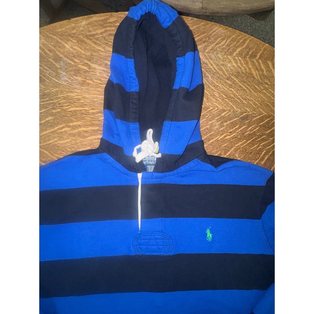 Polo Ralph Lauren Hooded Rugby Shirt XXL Navy Royal Blue Stripe Pullover - Picture 3 of 12